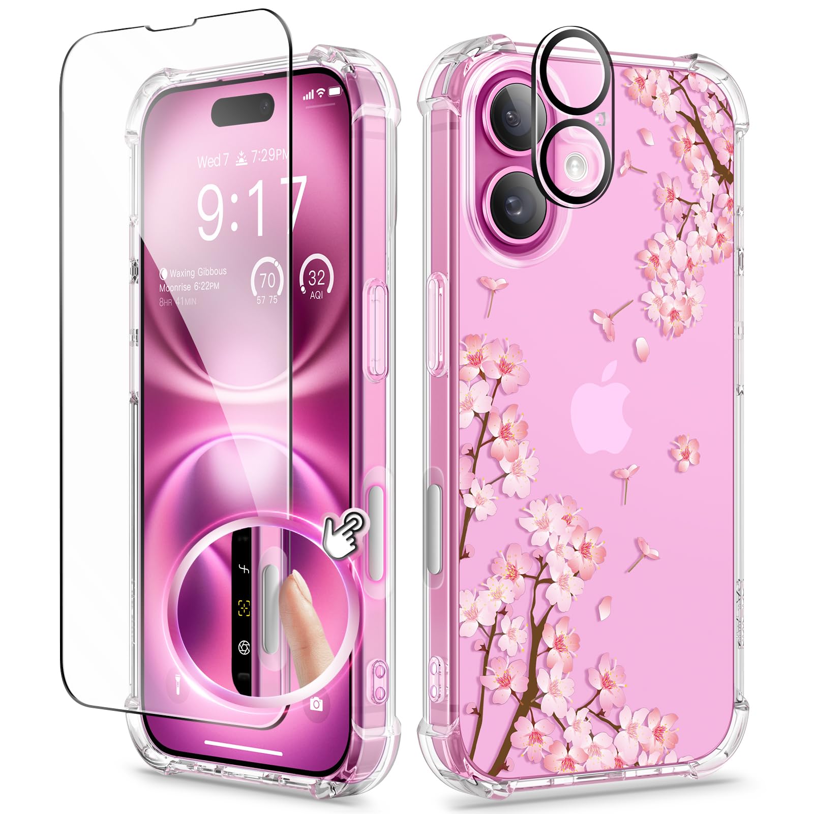 GVIEWIN iPhone 16 Case – Floral Shockproof Clear Cover with Protectors