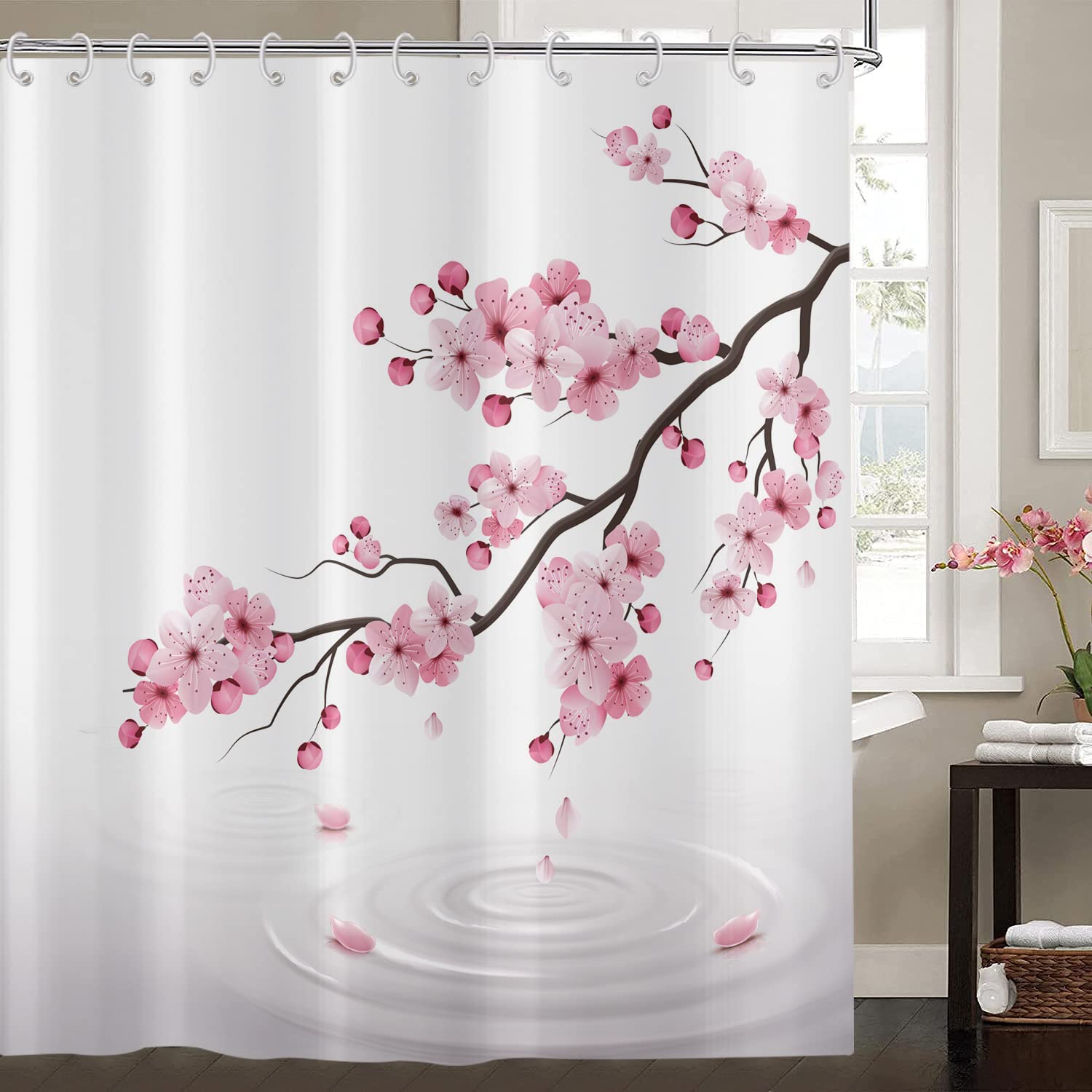Hnmdmyi Cherry Blossom Shower Curtain | Pink Japanese Sakura Polyester