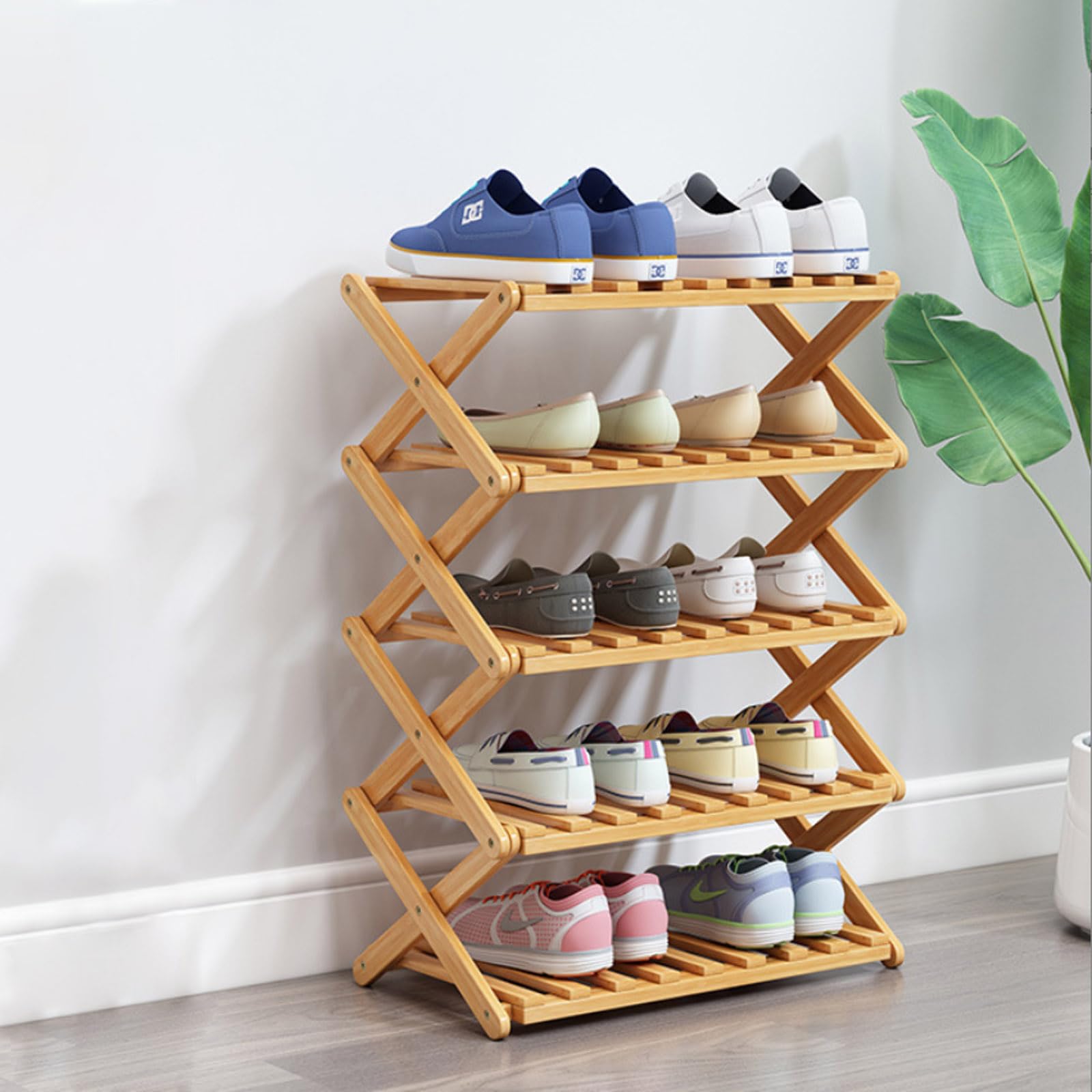Glsety 5-Tier Bamboo Shoe Rack – Foldable No-Assembly Storage Organizer