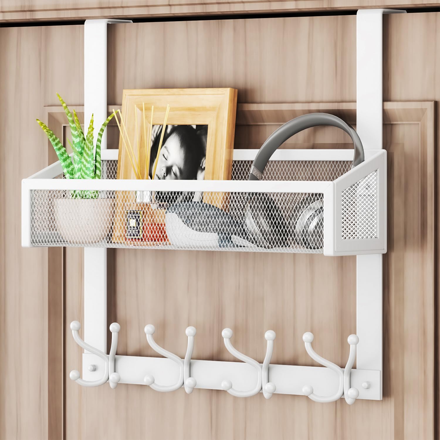 HapiRm Over Door Hanger – 16 Hooks & Mesh Basket Organizer for Bathroom