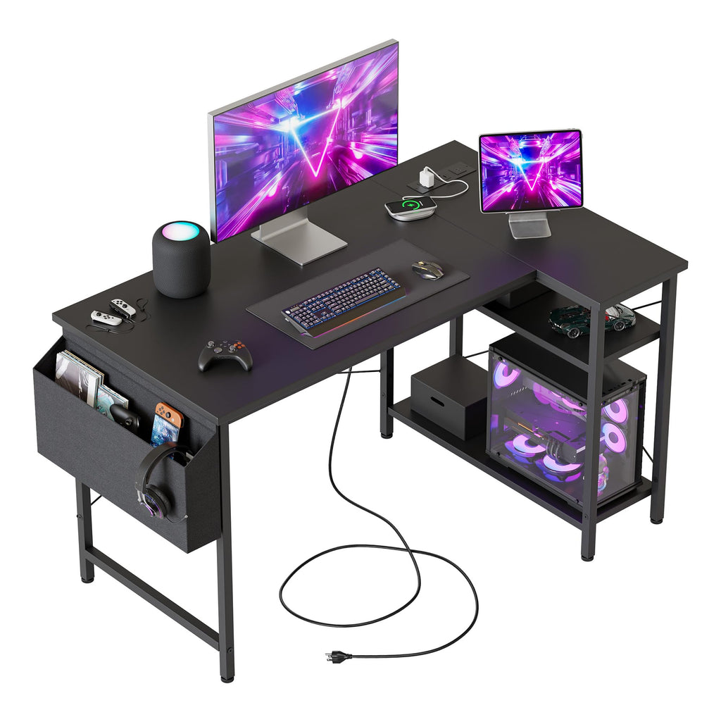 Mericonia Reversible Corner Desk, w. Power Outlets, 100x70cm, Black
