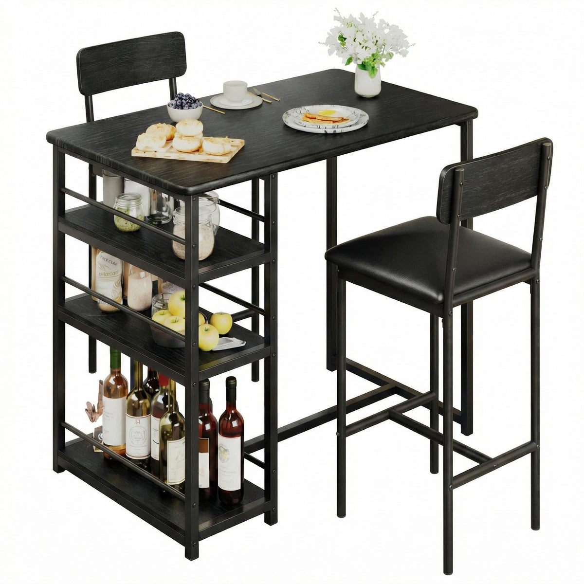 Crevyteg Compact 3-Piece Breakfast Bar Set for Small Spaces - Includes Storage Shelf Table & 2 High-Back PU Leather Stools - image 1
