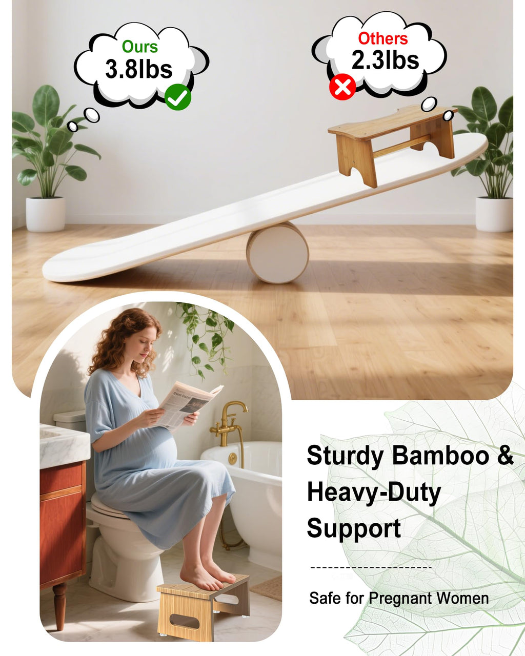 Foldable Toilet Stools, 17.8 CM Wooden Toilet Stool with Anti-Slip Feet, Space Saving, 35° Durable C Shaped Stool Yellow