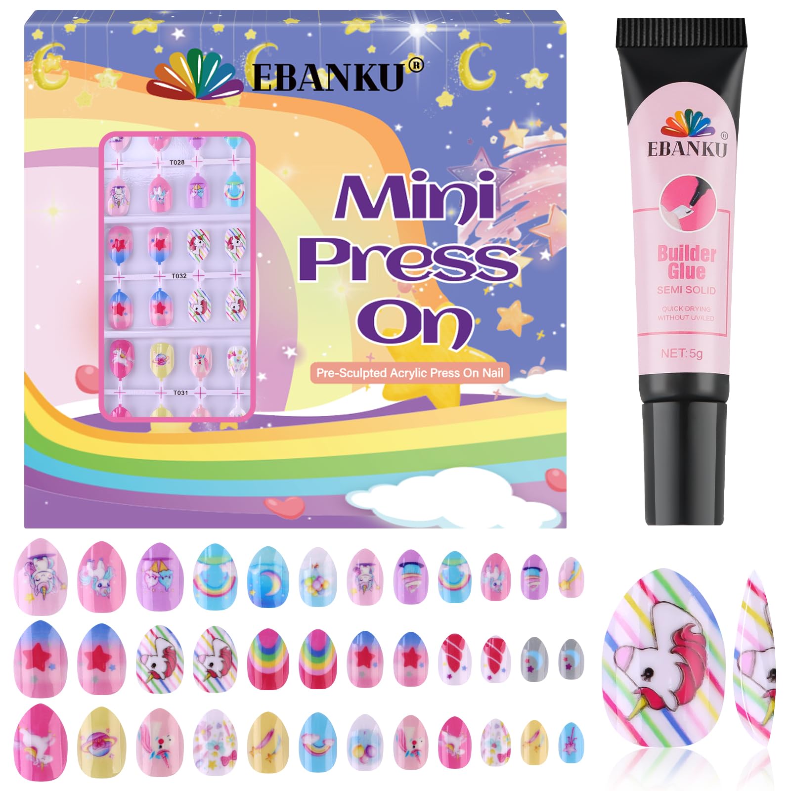 EBANKU 72 Pcs Kids Press on Nails – Cute Unicorn Short False Nail Kits