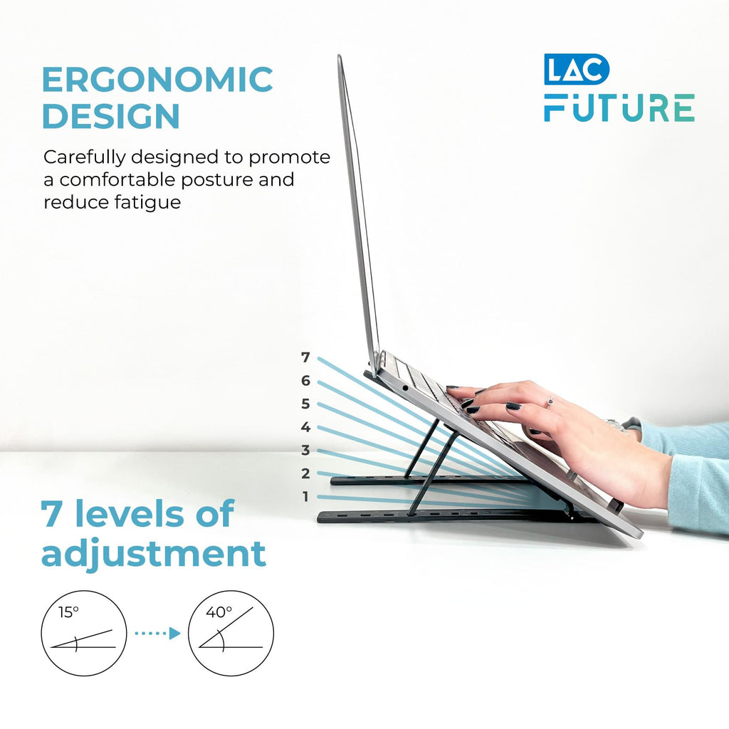LAC FUTURE Laptop Stand for Desk, Black Aluminium – Adjustable Laptop Stand 7 Levels, Foldable & Portable, Holder Ventilated, Non-Slip