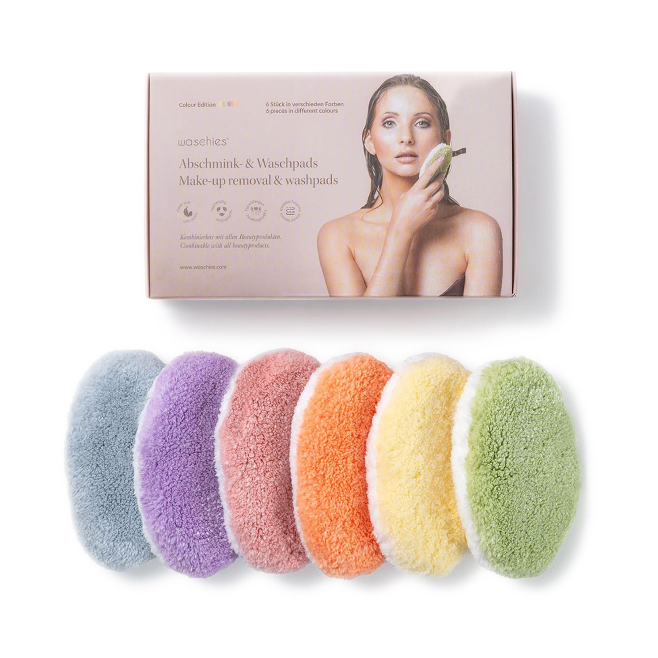 Waschies Reusable Makeup Remover & Face Cleansing Pads - 6 Pack Multicolour