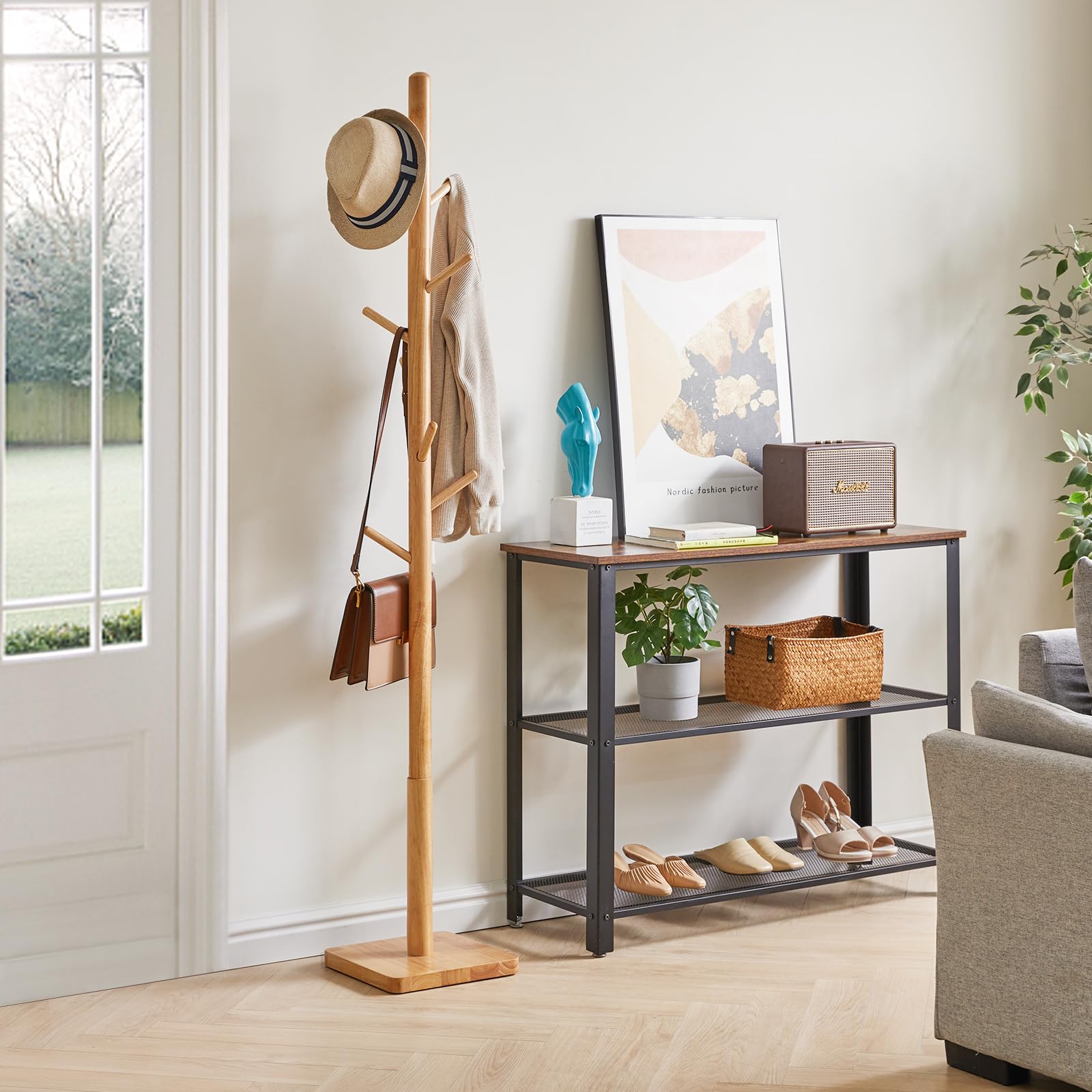 YMYNY Wooden Coat Rack Stand – 8 Hooks Height Adjustable Hall Tree