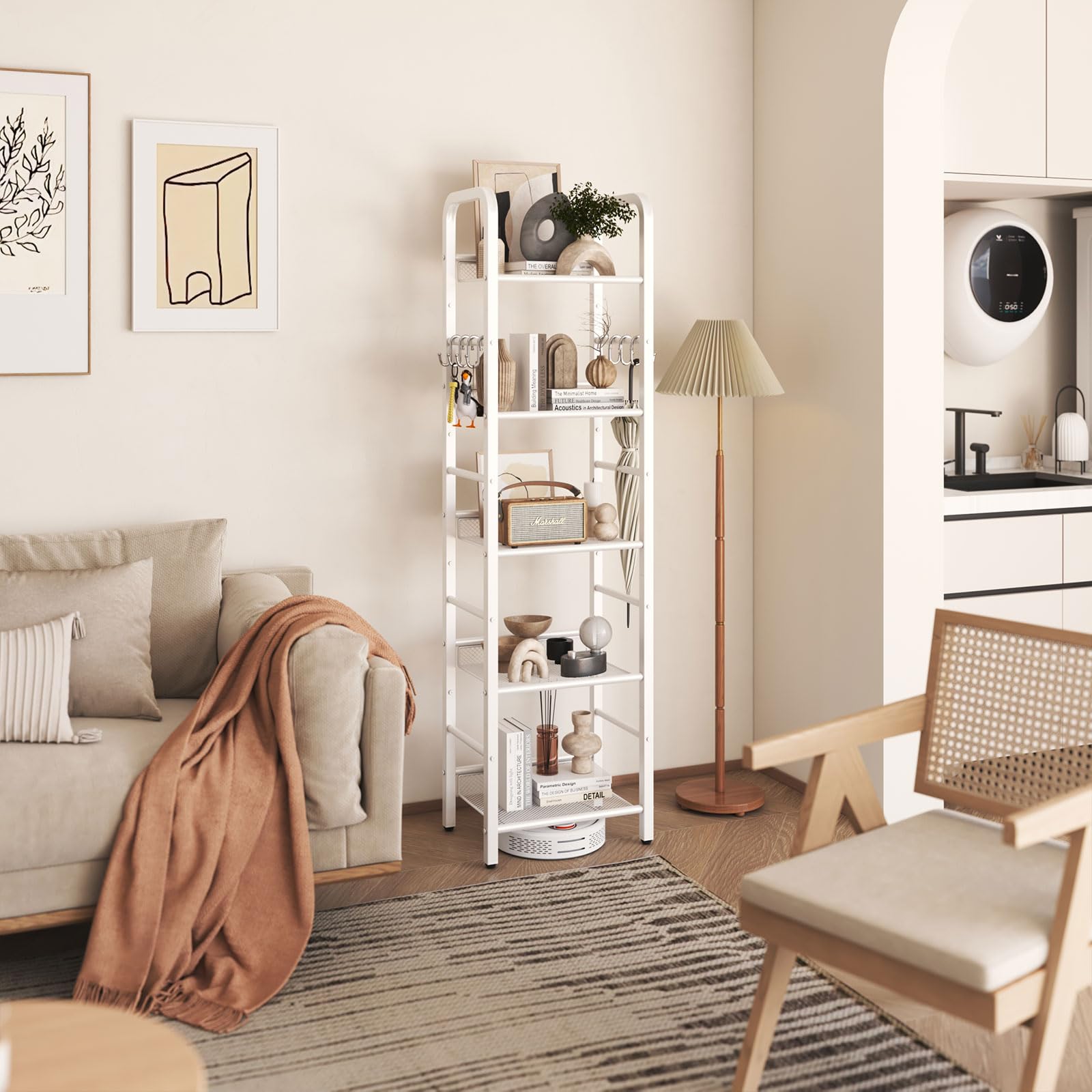 YMYNY 5-Tier Metal Bookshelf – Modern Storage Shelf with 8 S-Hooks, White