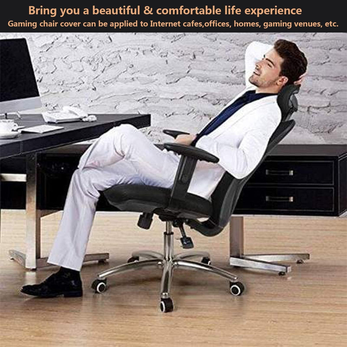 MiseYu Gaming Chair Cover, 4pc Set Armrest & Back & Seat Covers, Stretchable, Black, Modern Style, Gaming & Office Chair Cover - image 2
