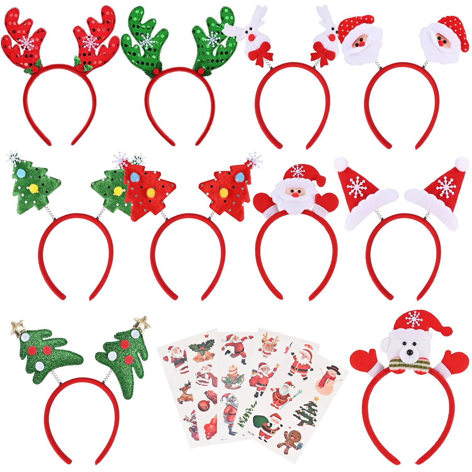 Faburo 10-Pack Christmas Headbands & Stickers | Reindeer Antler Party Favors