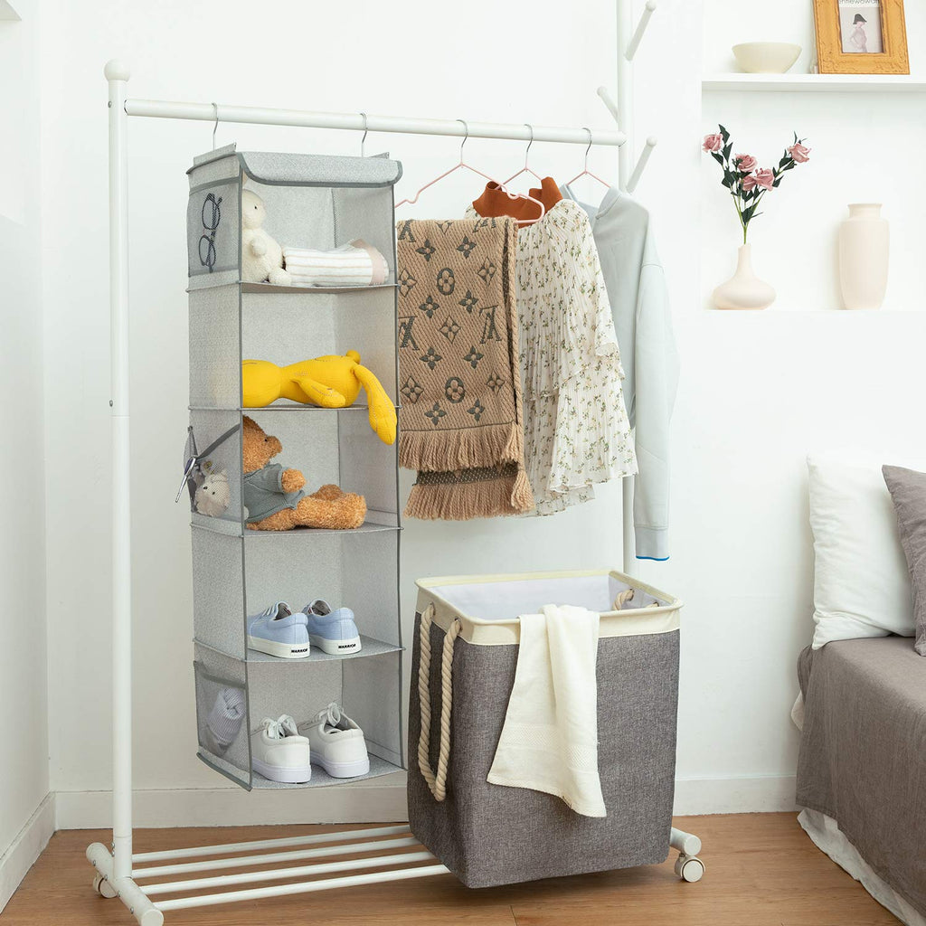 BrilliantJo Hanging Wardrobe Closet Storage with 5 Shelves Organiser, Storage Shelves Unit with 6 Pockets for Clothes - Light Grey30 x 30 x 108cm - image 4