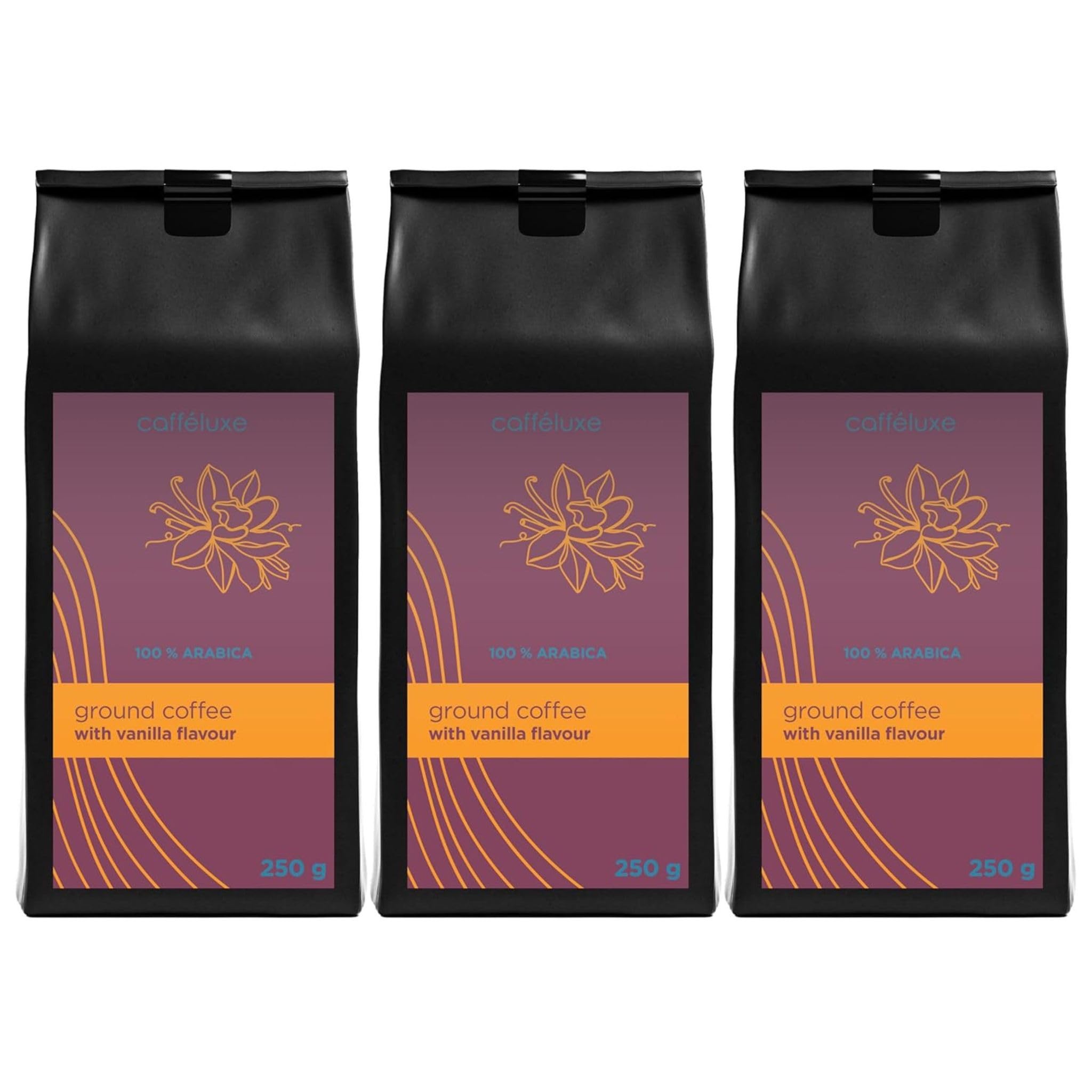Caffeluxe Vanilla Ground Coffee – 100% Arabica – 3 x 250g Bags