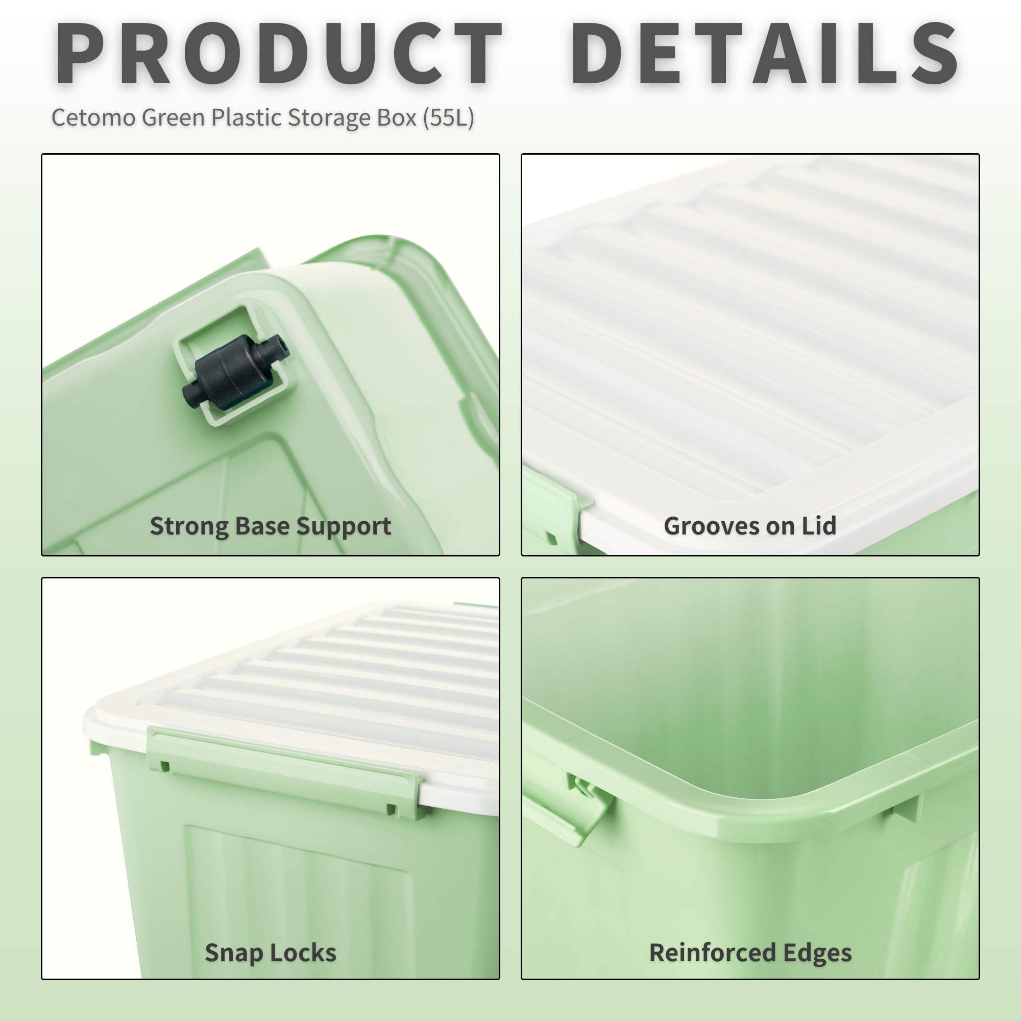 Cetomo 55L Plastic Storage Boxes with Wheels – Stackable 3-Pack, Green