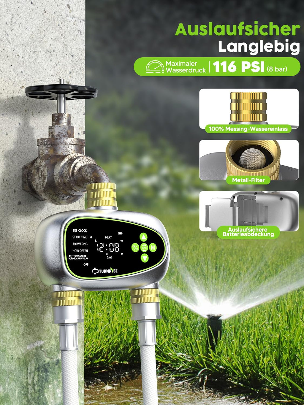TURNRISE 2-Outlet Digital Sprinkler Timer | Brass Inlet & Dual Zone Watering