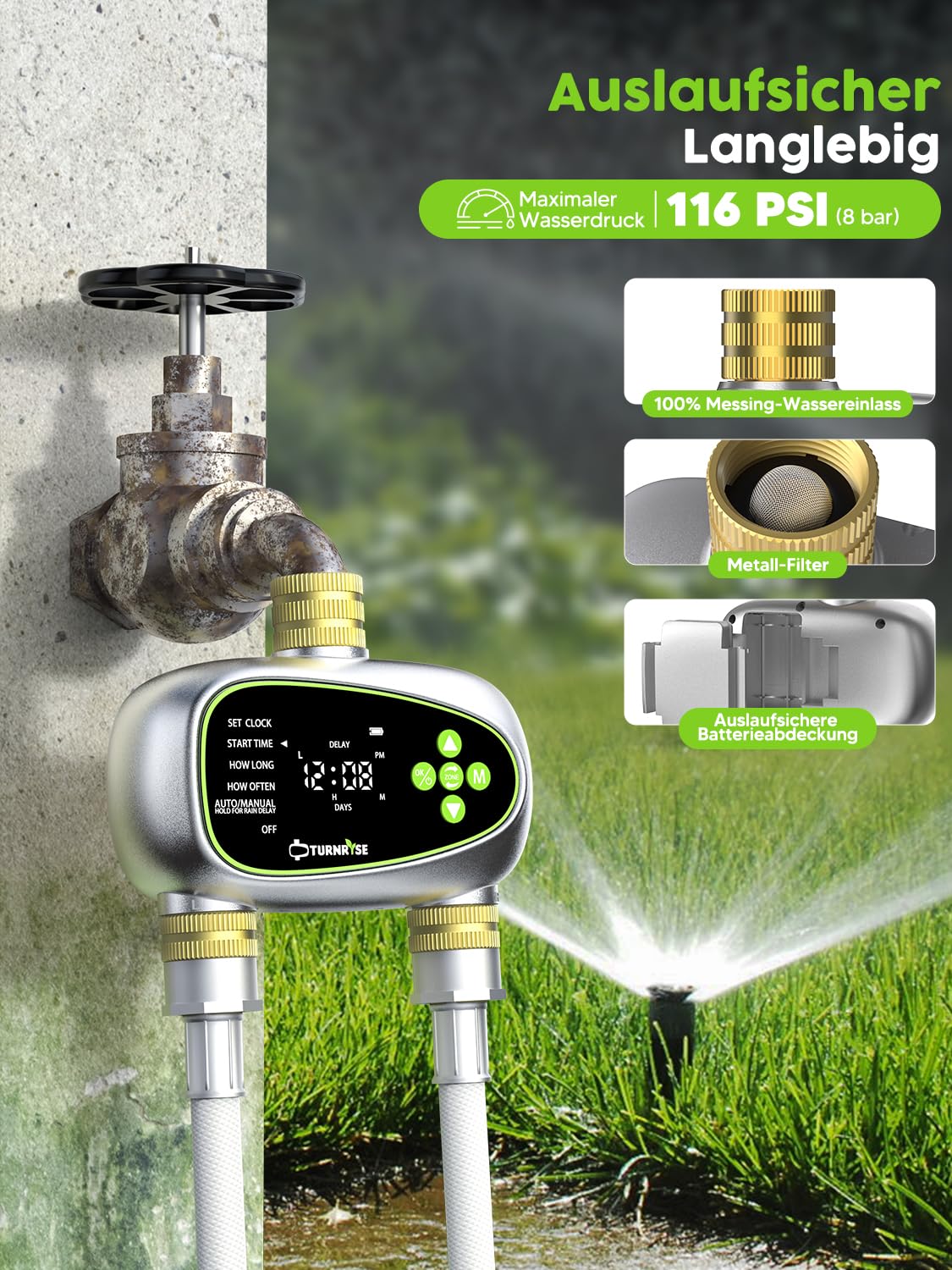 TURNRISE 2-Outlet Digital Sprinkler Timer | Brass Inlet & Dual Zone Watering