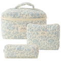 CHAMAIR 3Pcs Quilted Makeup Bag Set | Floral Cotton Travel Toiletry Bag