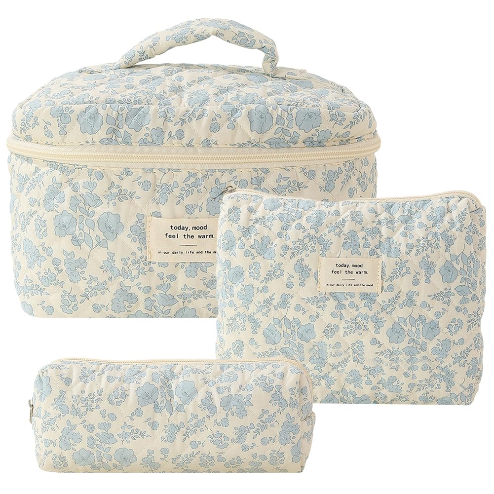 CHAMAIR 3Pcs Quilted Makeup Bag Set | Floral Cotton Travel Toiletry Bag