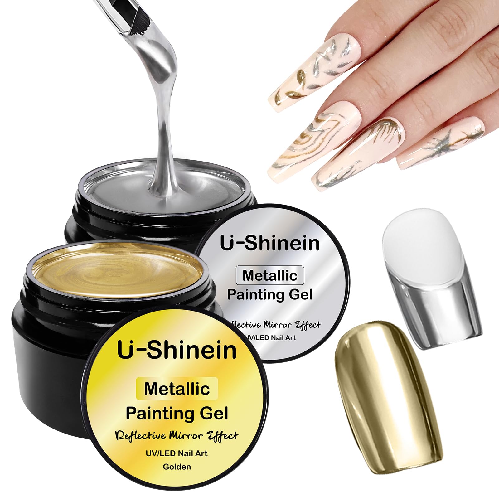 U-Shinein Metallic Painting Gel Kit - Silver & Gold UV Nail Art Paint
