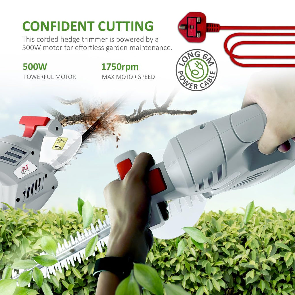 NETTA 500W Corded Hedge Trimmer | 50cm Diamond Blade | Lightweight 2.6kg