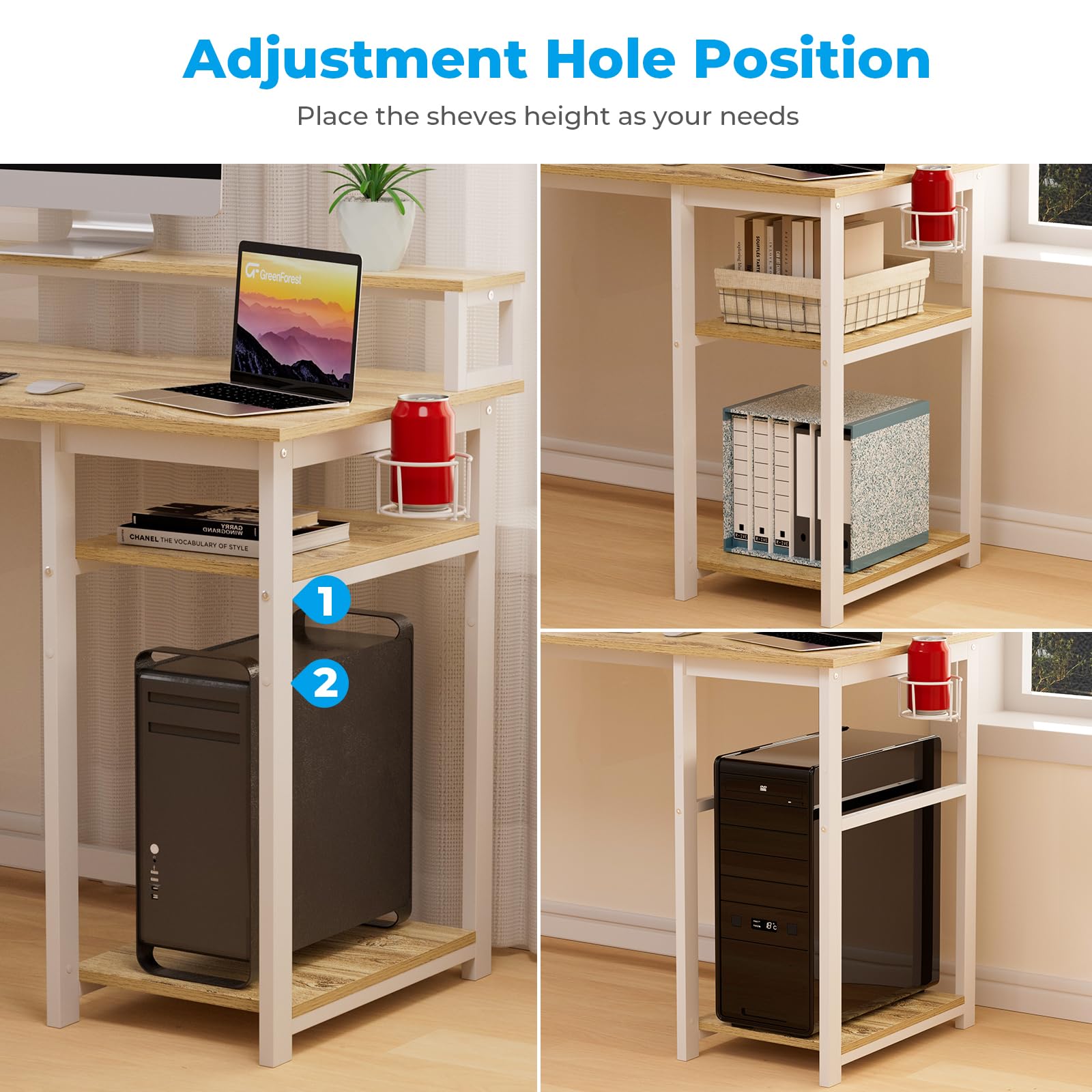 GreenForest 100cm Computer Desk with Monitor Stand & Storage Shelves