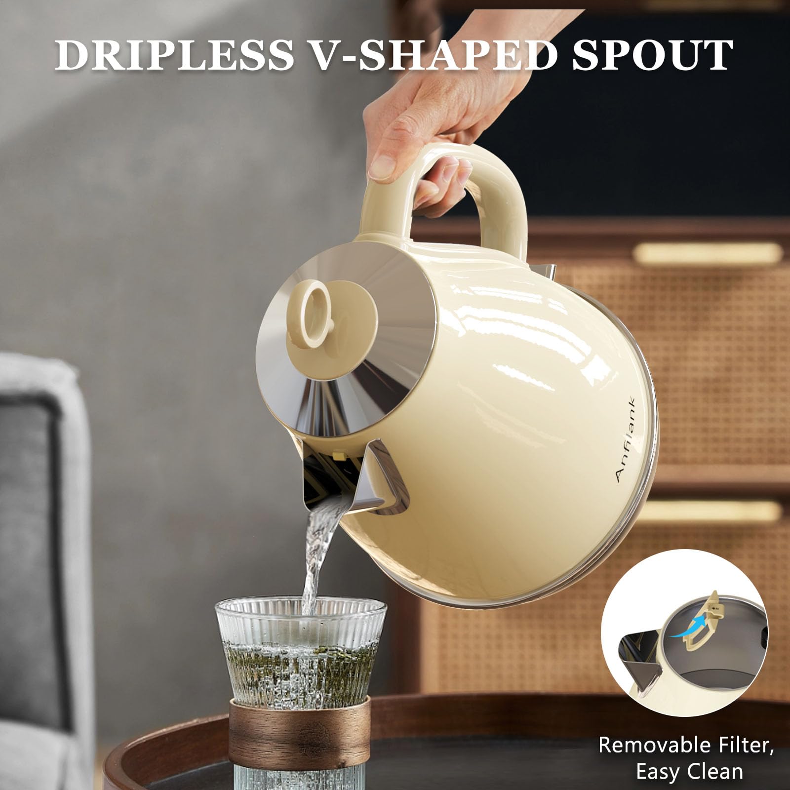 Anfilank Electric Kettle – 1.7L Stainless Steel Fast Boil, 3000W, Cream
