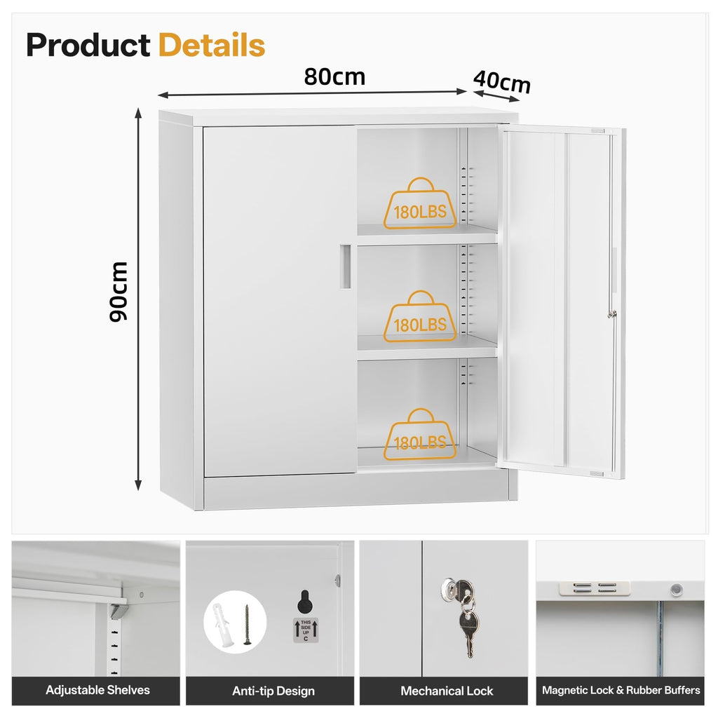 Metal Storage Cabinet, 90cm Locking Storage Cabinet with Doors & Shelves, Steel Storage Cabinet with 2 Adjustable Shelves for Garage, Home, Office