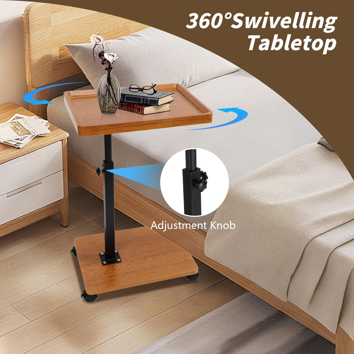 XUDREZ Adjustable Side Table, C Shaped Small Table with 4 Wheels 364° Swivel Tray, End Table for Living Room Bedroom Sofa Small Spaces Wood color