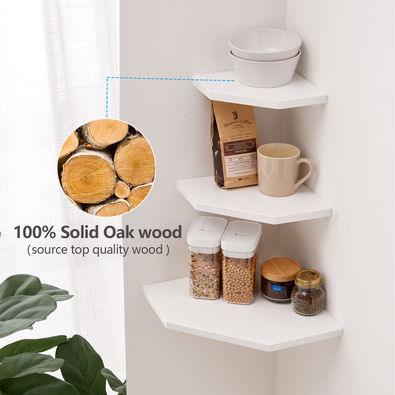 GIEANOO Solid Oak Wood Corner Shelf – White Floating Wall Mount Shelving