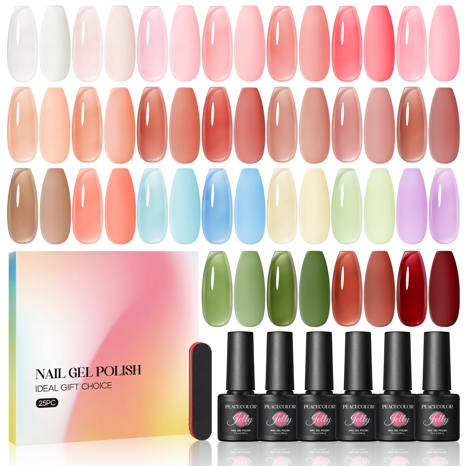 PEACECOLOR Jelly Gel Nail Polish Set - 25pc Translucent Soak Off Kit