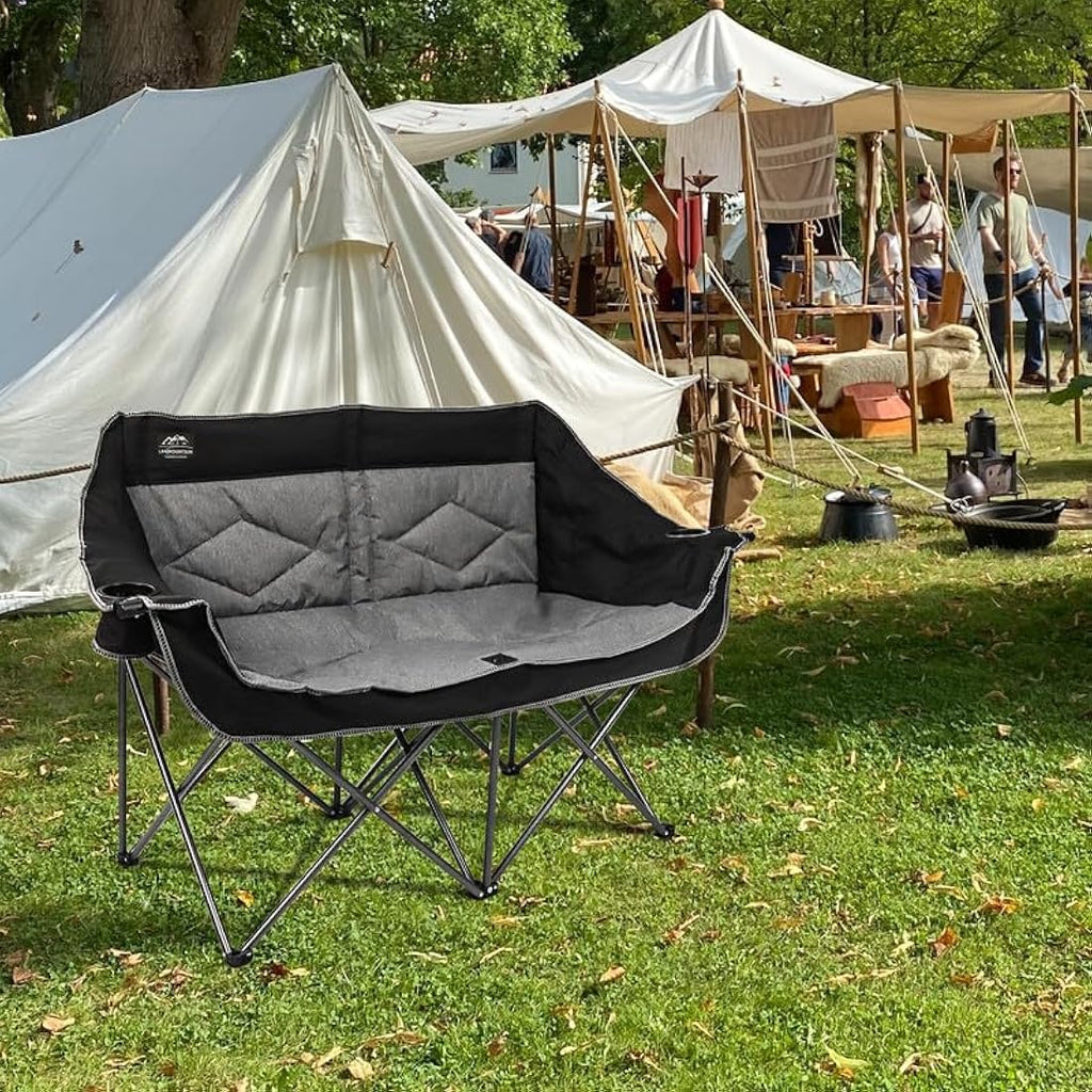 LANMOUNTAIN Folding Camping Loveseat – Heavy Duty Double Chair, Black
