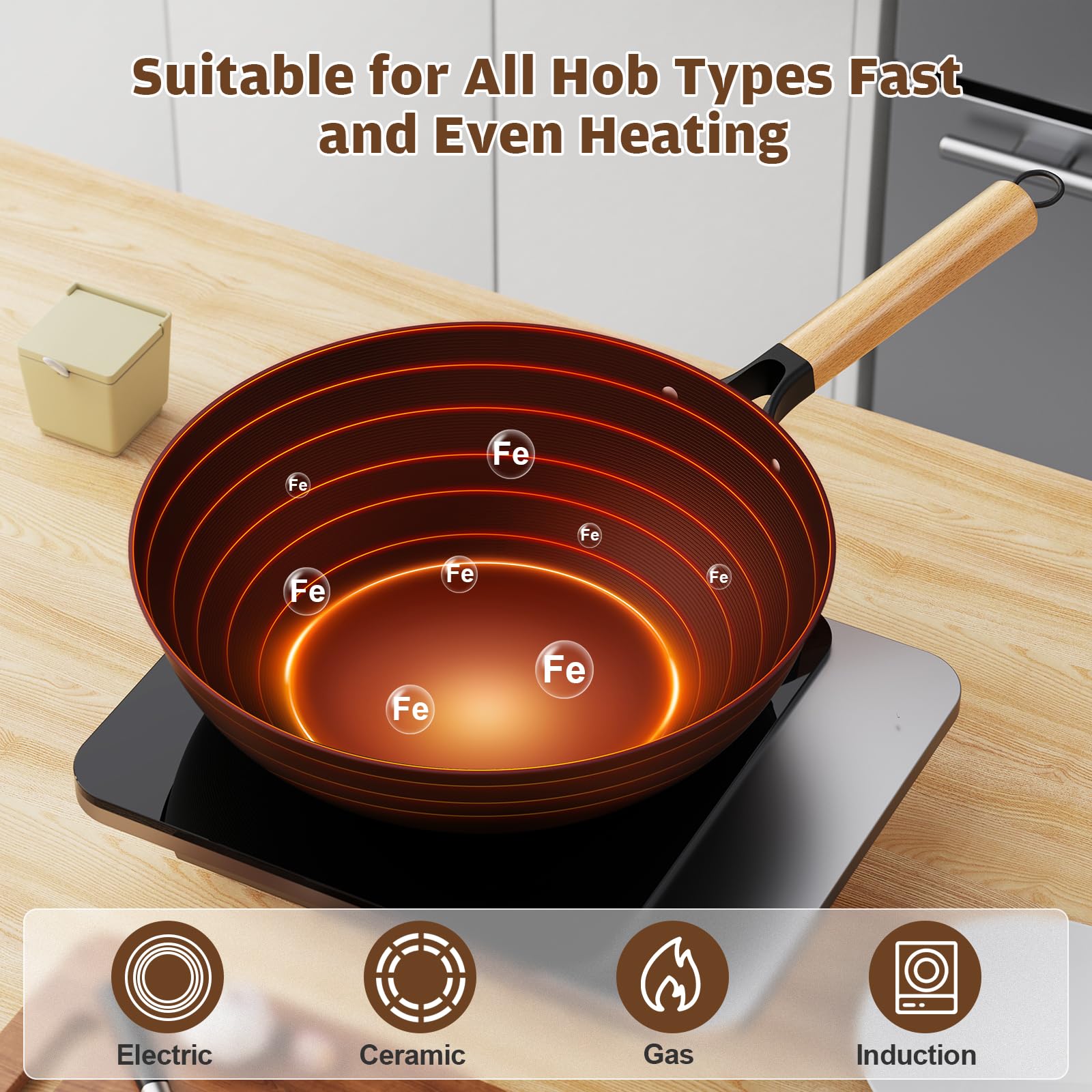 Jobin 30cm Carbon Steel Wok with Lid – Non-Stick Stir Fry Pan for Induction