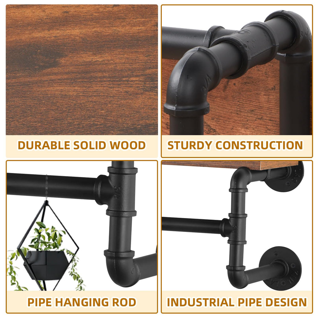 Yawinhe Industrial Pipe Wall Mounted Garment Rack with Wood Top Shelf