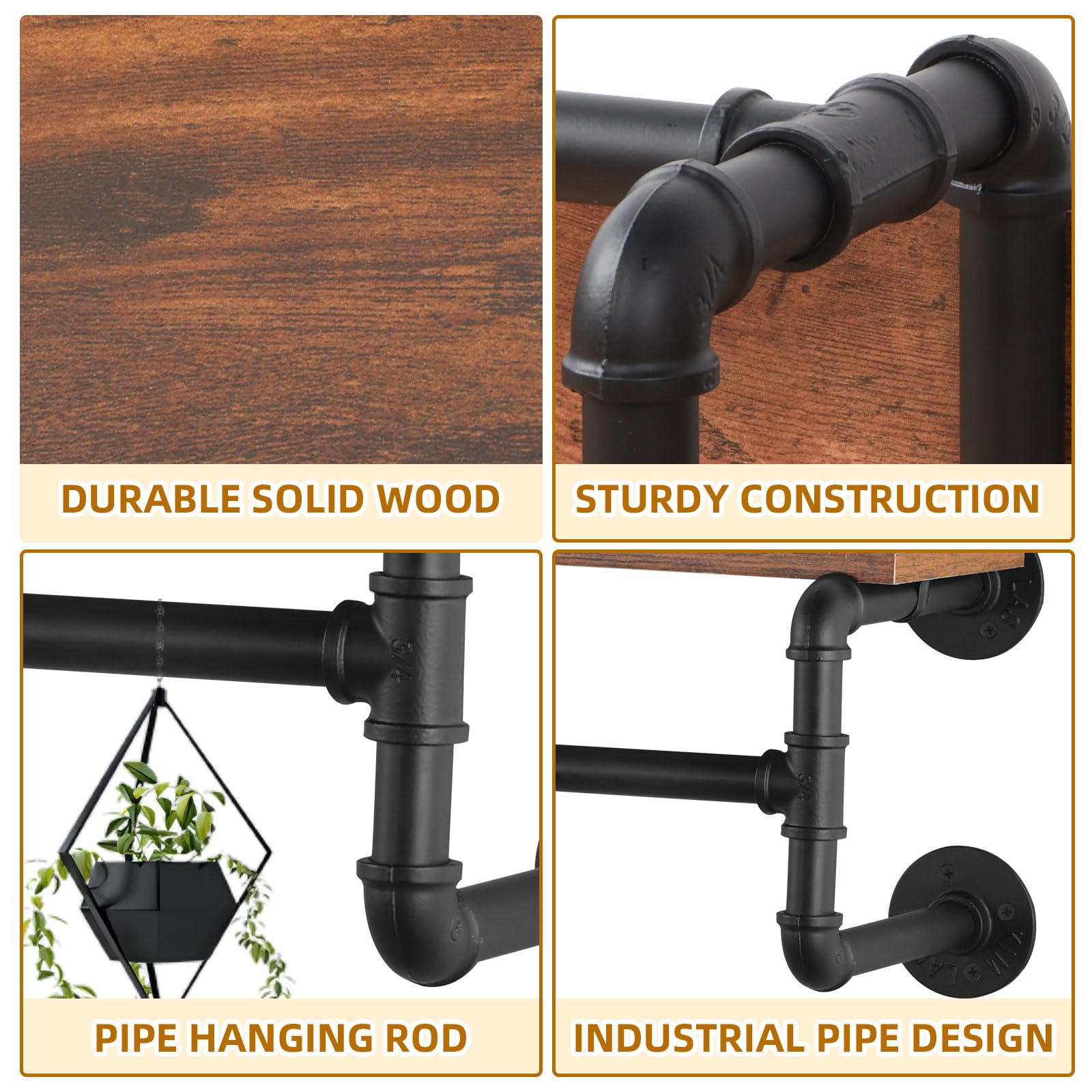 Yawinhe Industrial Pipe Wall Mounted Garment Rack with Wood Top Shelf