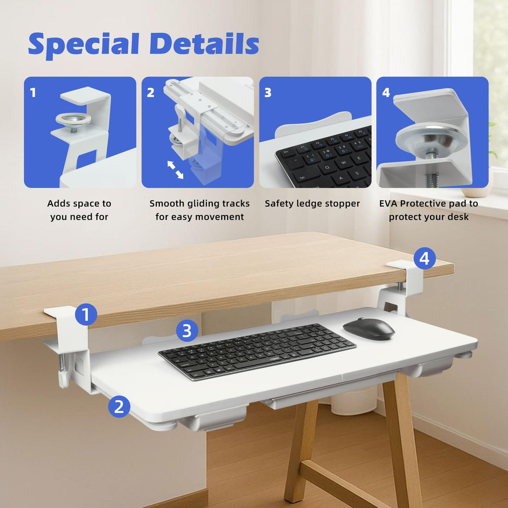 Keyboard Tray Under Desk with Drawer,26.77" X 11.81"Large Size Keyboard Tray with C Clamp-on Mount, Easy to Install, for Home Office White