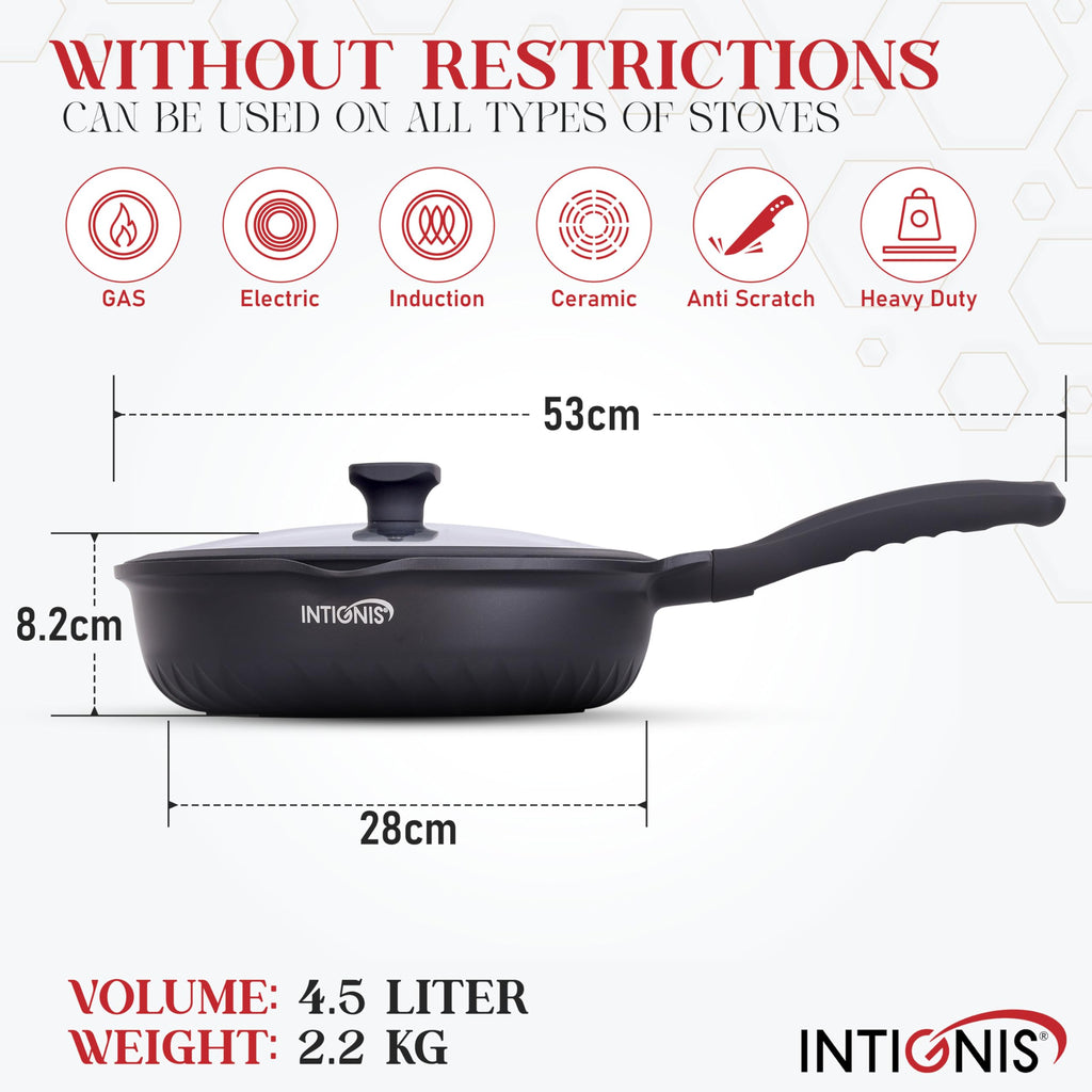 INTIGNIS 28cm Deep Frying Pan with Lid | Non-Stick Ceramic Induction Pan