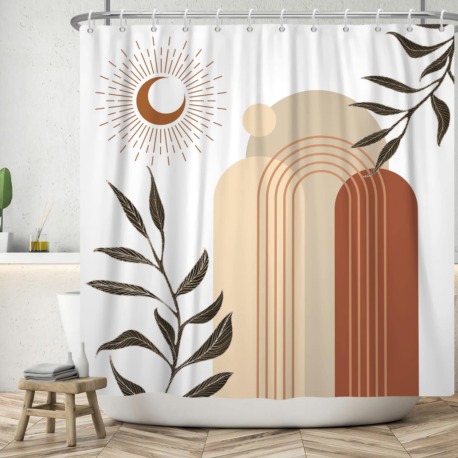 Boho Shower Curtain – Abstract Moon & Leaves Polyester, 180x200cm