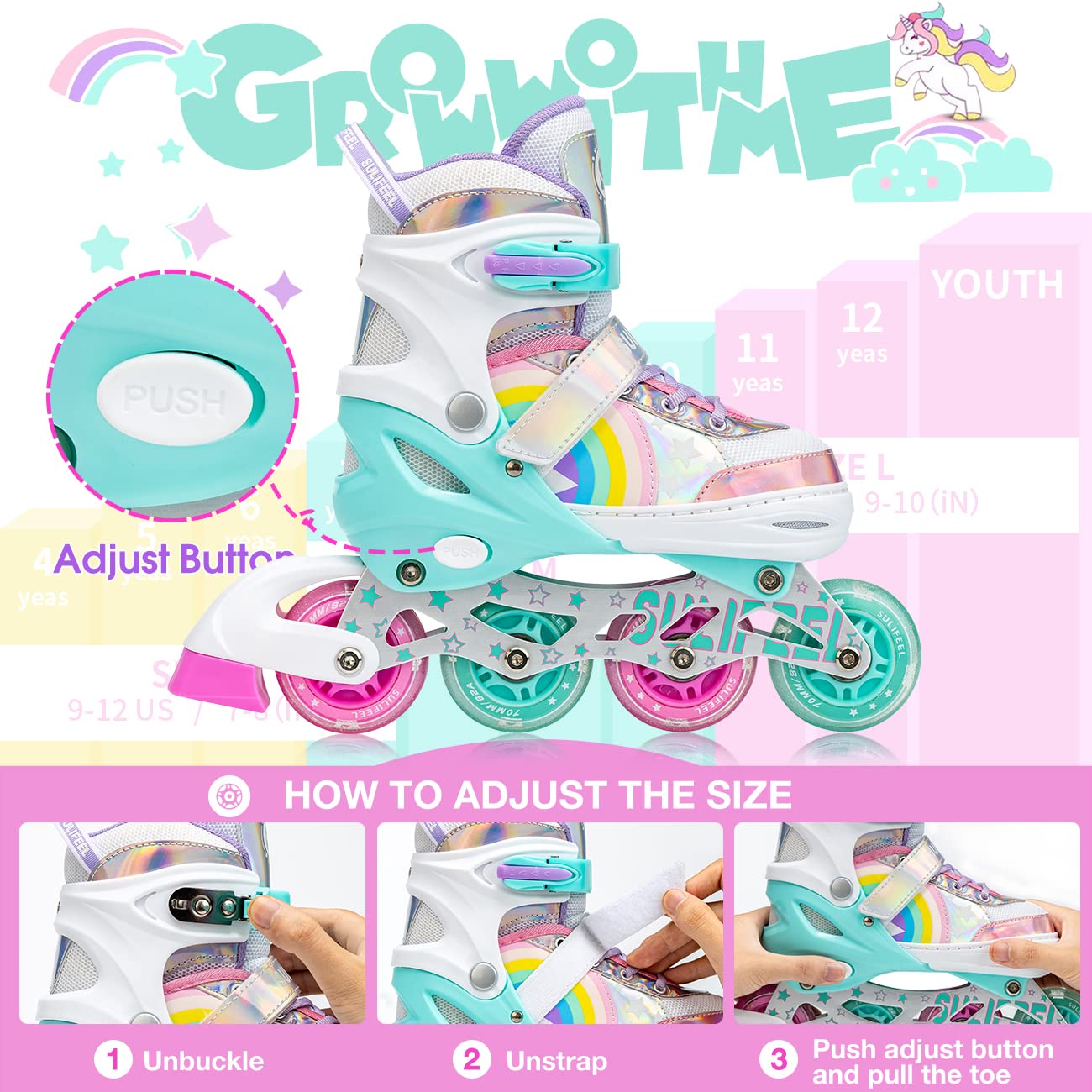 SULIFEEL Rainbow Unicorn Light up Inline Skates for Kids - Medium