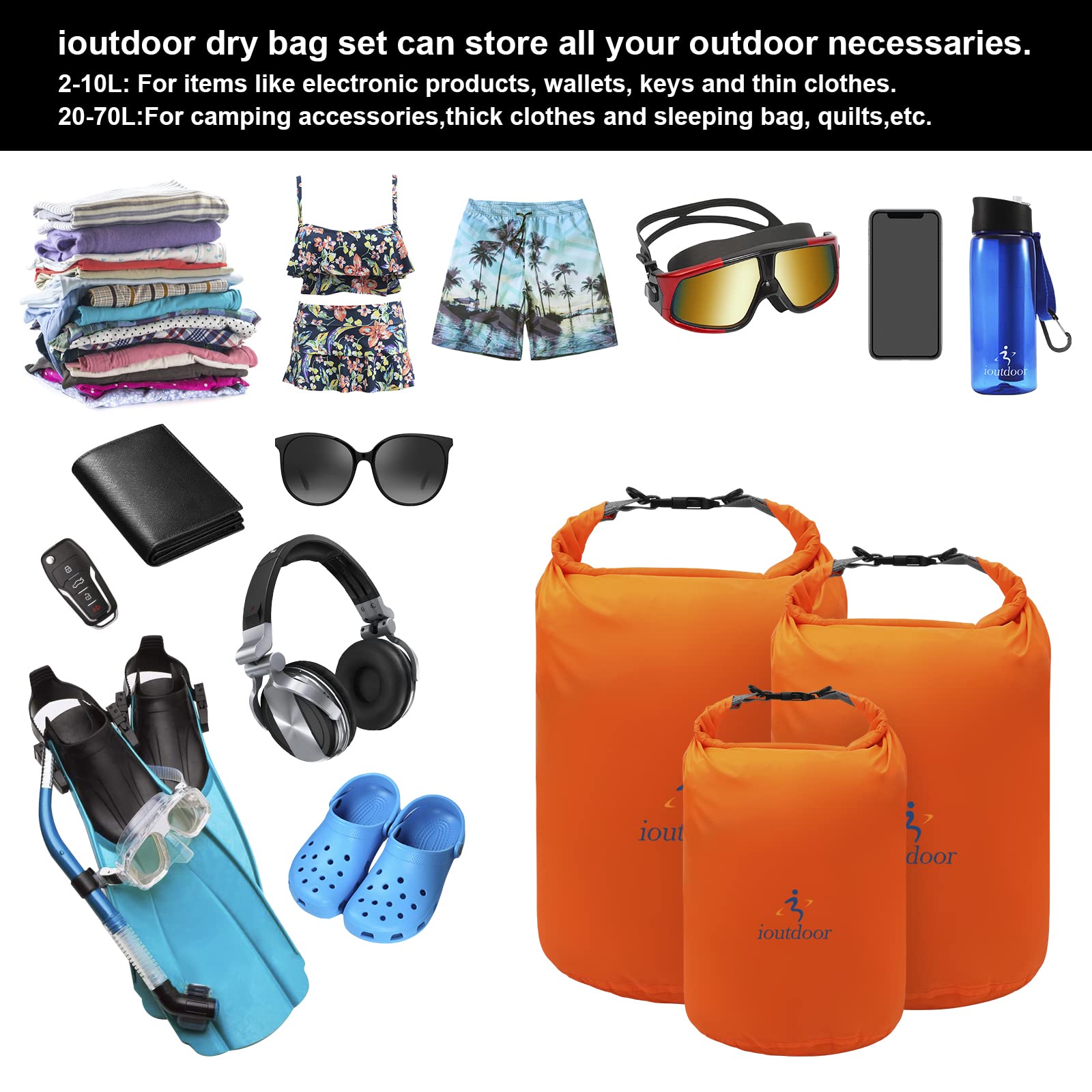 ioutdoor Waterproof Dry Bag Set | 6-Piece Lightweight Sacks 2L-70L