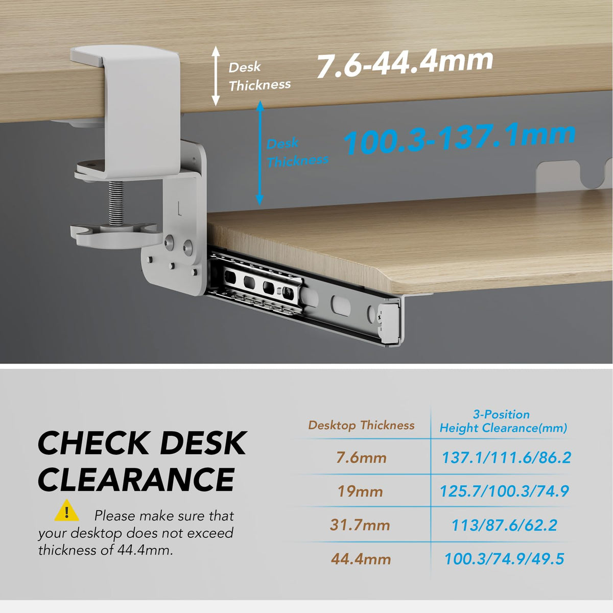 Keyboard Tray Under Desk Pull Out with Extra Sturdy C Clamp Mount System, 694 838mm Including Clamps x 300mm Slide-Out Platform Computer Drawer for - image 4