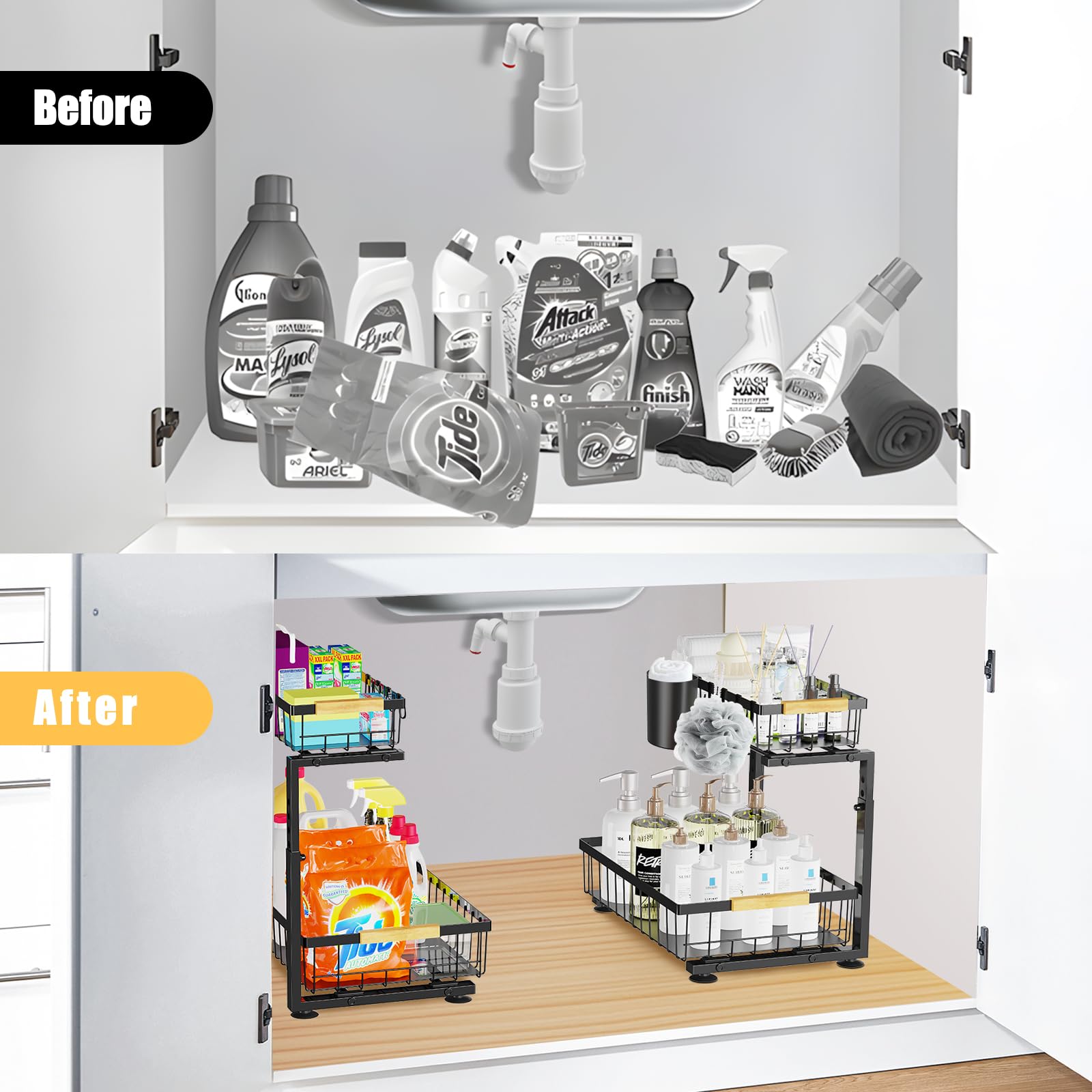 Homicozy 2-Pack Under Sink Storage – 2-Tier Metal Adjustable Organiser