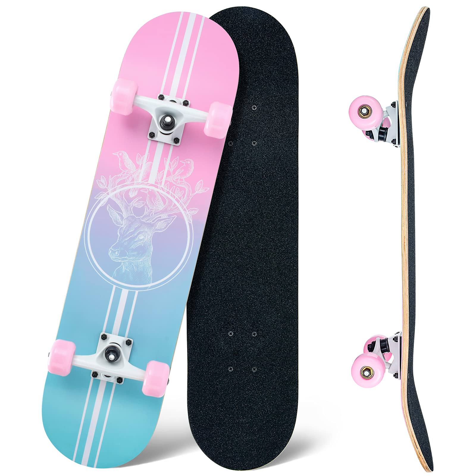 CLYCTIP Complete Skateboard | 31x8 Inch 8-Layer Maple Wood Deck - Pink