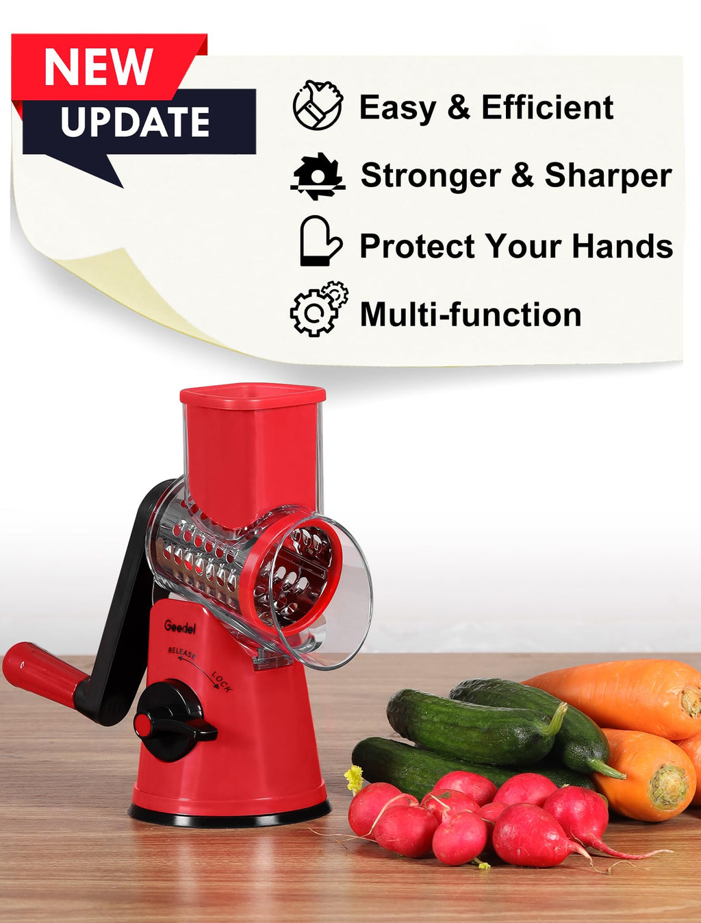 Geedel Rotary Cheese Grater – 5-Blade Vegetable Slicer and Ice Crusher, Red