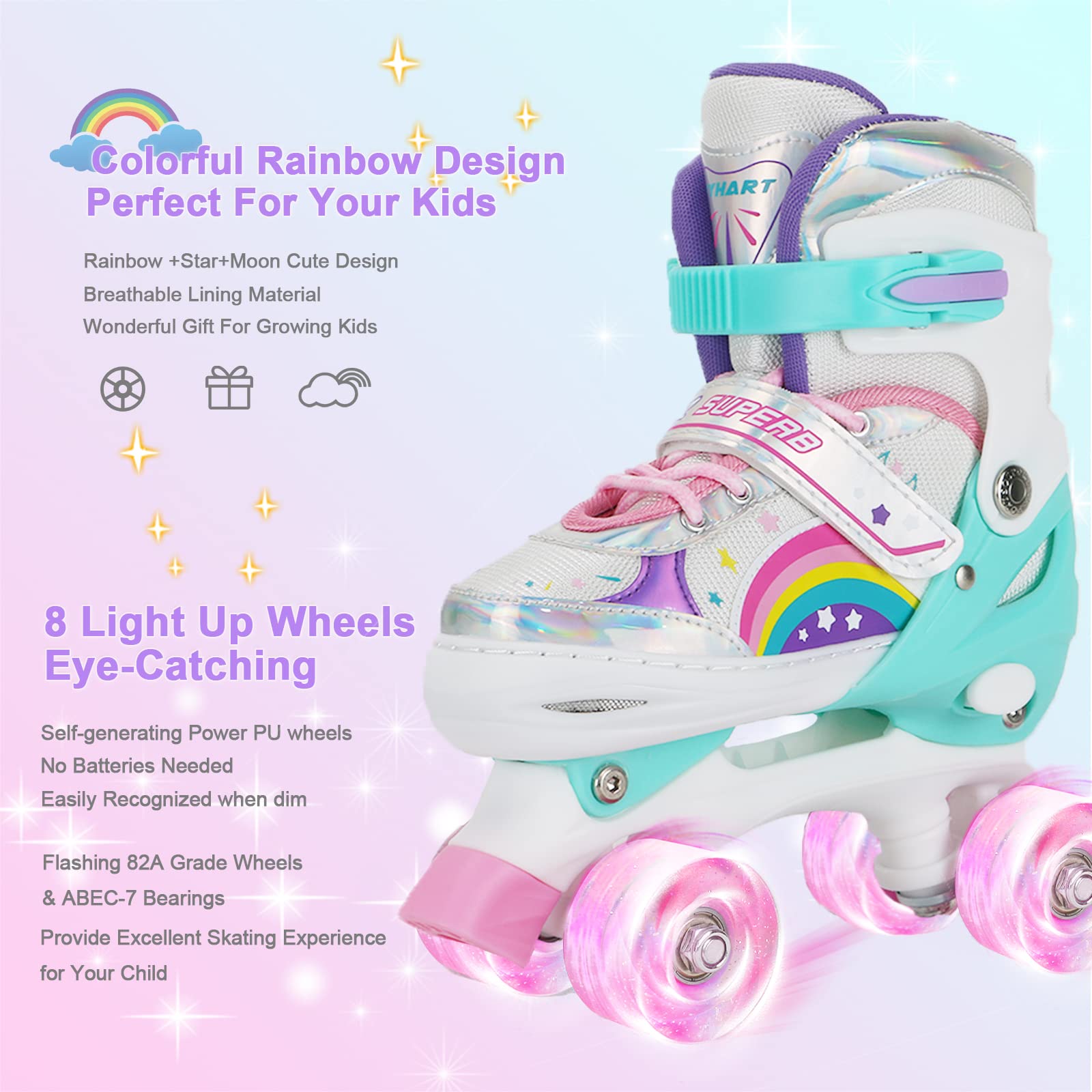 Jolof Store Kids Roller Skates – Adjustable Rainbow Light Up Skates for Girls