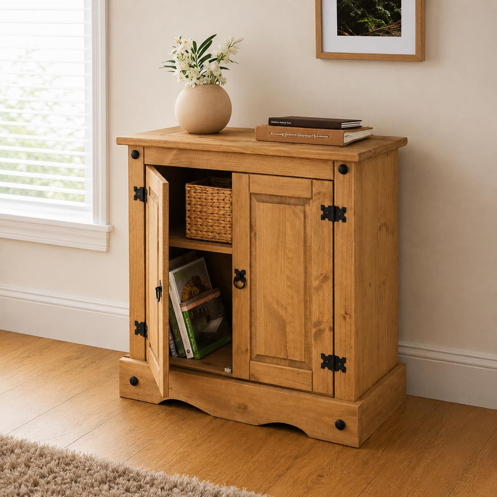 Corona Sideboard Cupboard 2 Door Solid Pine Wood with Wax Finish Mexican Style Black Metal Hardware Internal Shelf - image 5