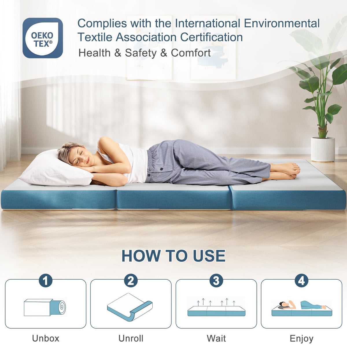Folding Mattress Double, 4 Inch Tri-fold Floor Mattress 190x135x10cm