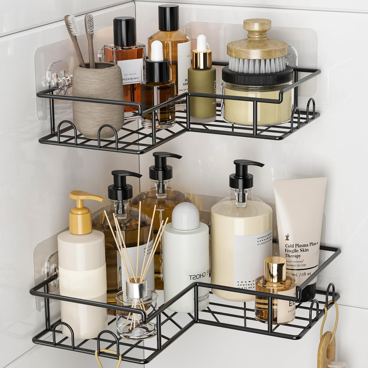 Diboniur Corner Shower Caddy 2 Pack, No Drilling, 8 Hooks, Black - image 1