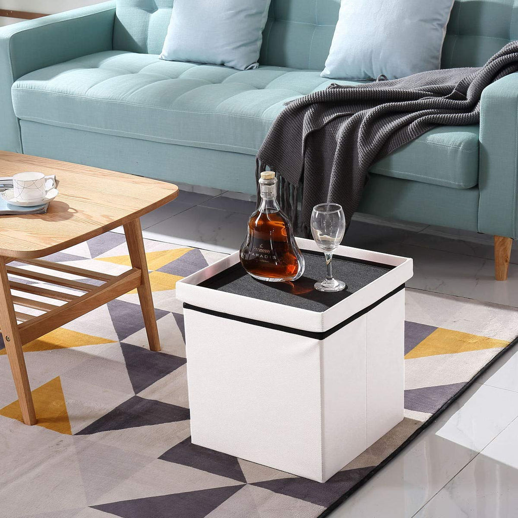 BRIAN & DANY Folding Ottoman Storage Box with Lid, Faux Leather Footstool Toy Storage Box Storage Seat 38 x 38 x 38 cm White