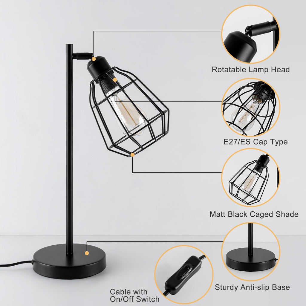 Harper Living Vintage Caged Table Lamp – Black Industrial Bedside Light