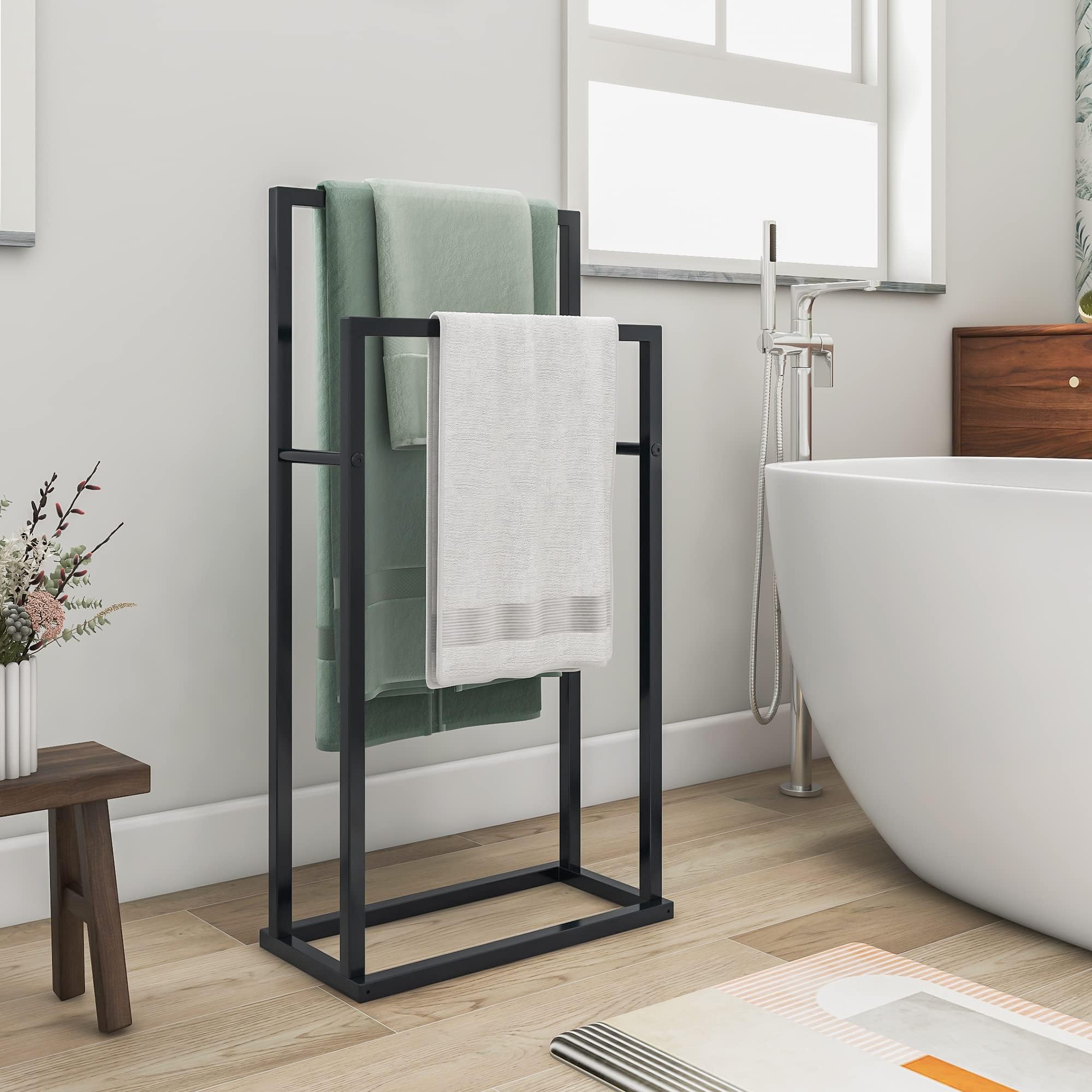 Freestanding Towel Rack – 2-Tier Metal Bathroom Stand, Black