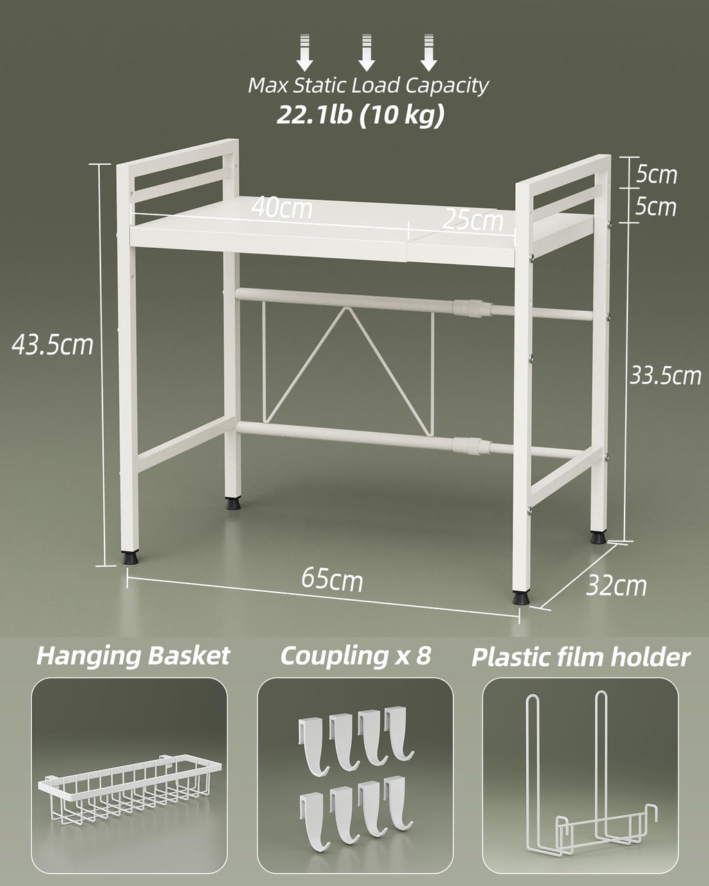 NETEL Expandable Microwave Shelf | 2-Tier Carbon Steel Kitchen Stand, White